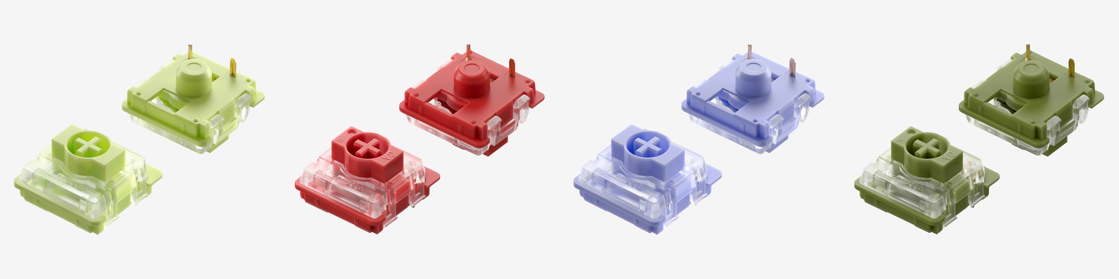 NuPhy Air60 V2で選べる4つの主要キースイッチ - 左からAloe（黄緑）、Cowberry（赤）、Wisteria（薄紫）、Moss（オリーブグリーン）